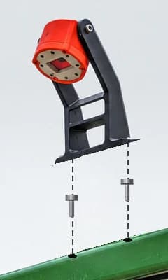 Close-up of the WeSee camera on its bracket above the boom, with the two bolts that hold it.