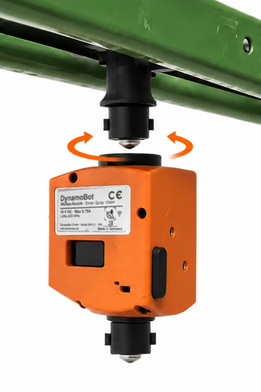 The orange WeSee module being twisted onto the nozzle body under the boom.