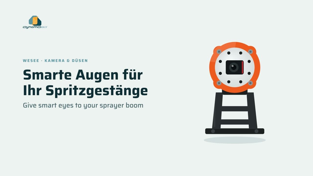 Title card of the installation animation: an orange WeSee camera on its bracket, next to the words “Give smart eyes to your sprayer boom”.