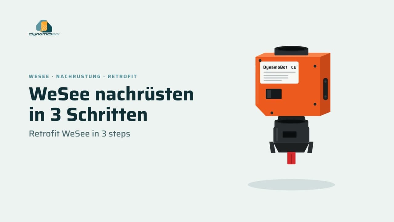 Title card of the fitting animation: an orange WeSee module with a nozzle cap underneath, next to the words “Retrofit WeSee in 3 steps”.