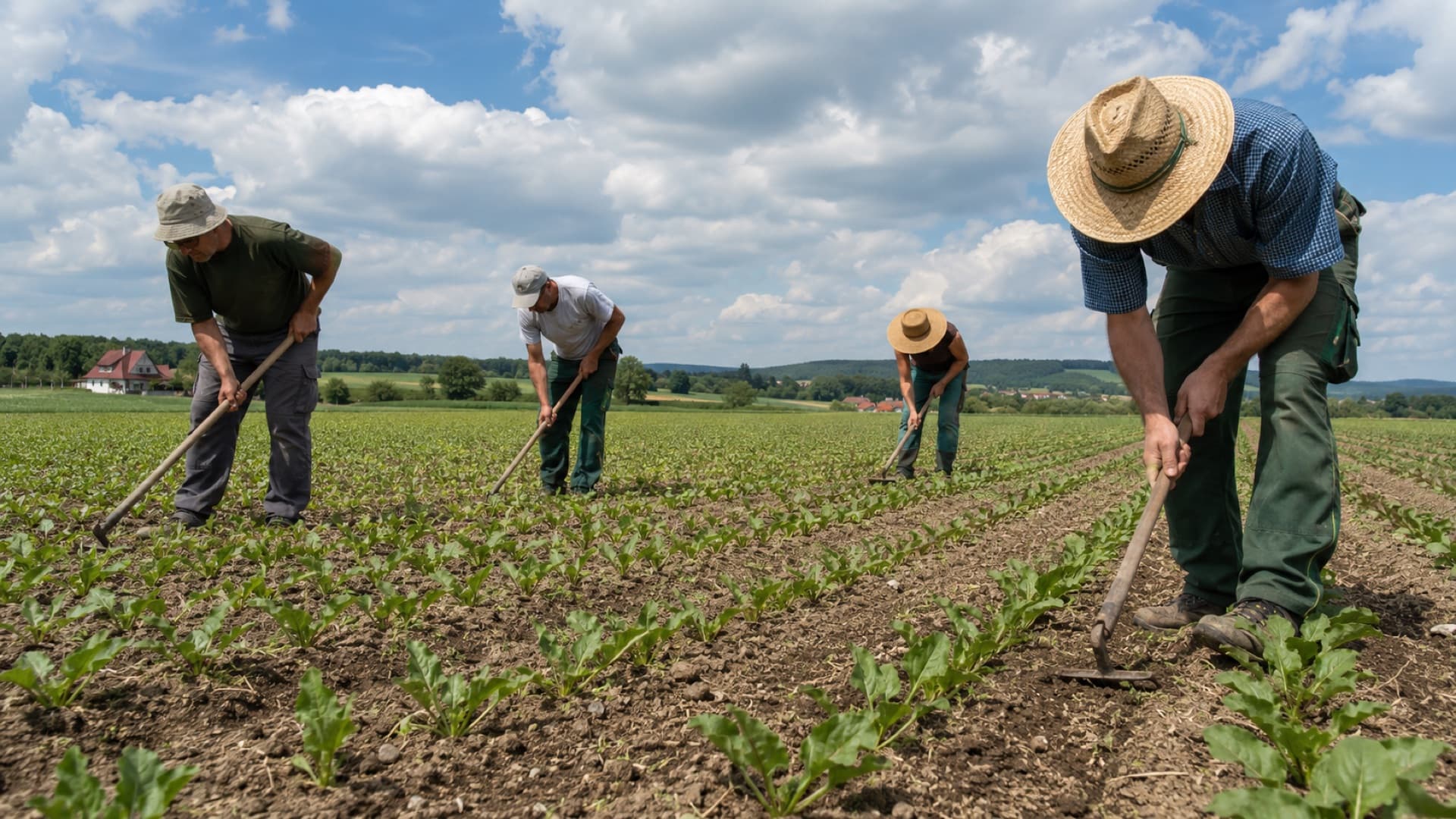 Une rangée d'ouvriers agricoles désherbe un champ à la main sous le soleil.